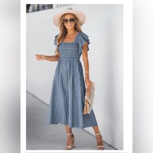 Striped Smocked Ruffle Sleeve Dress